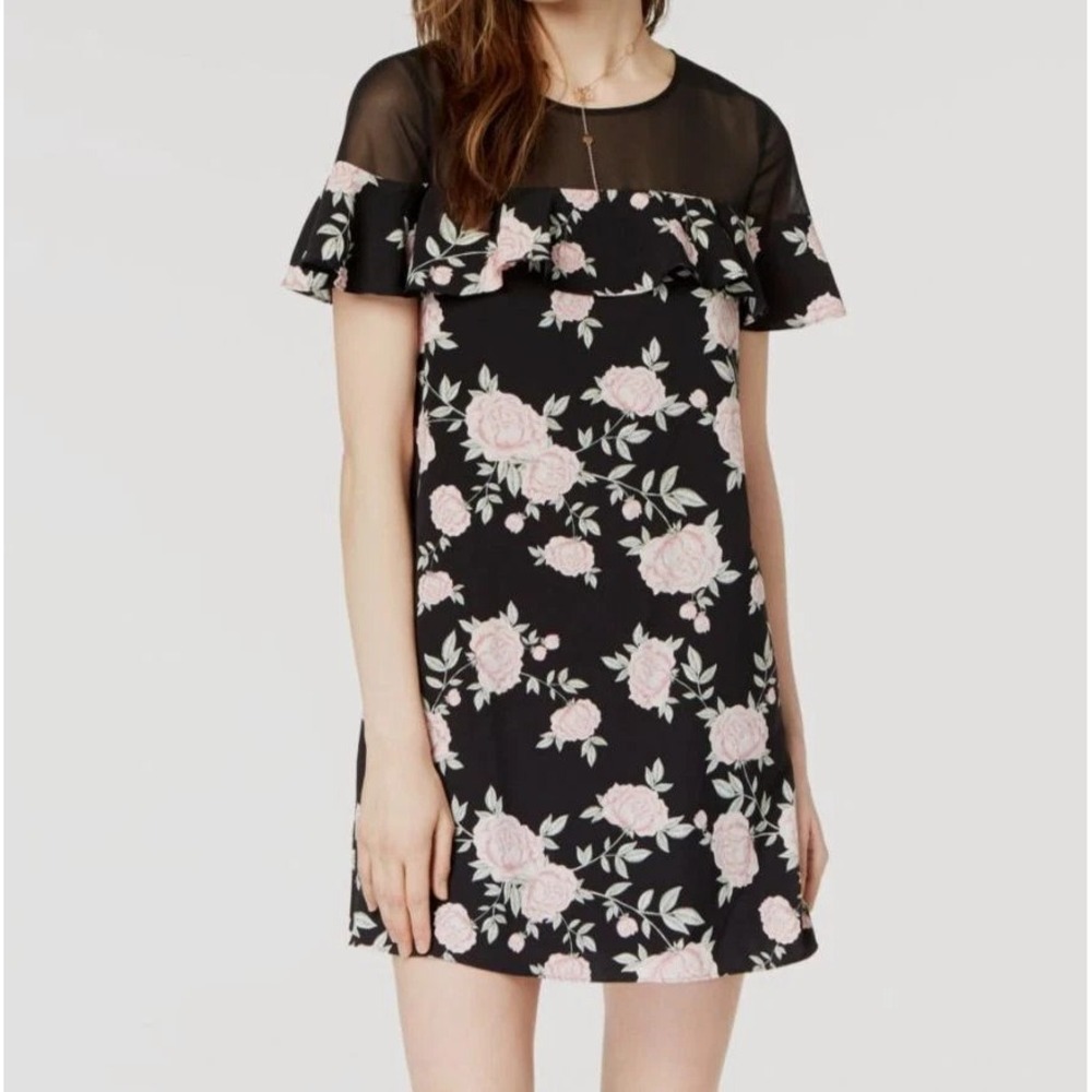 Kensie Women's Feminine Black Short-Sleeve Romantic Ruffled‎ Illusion Dress Sz M
